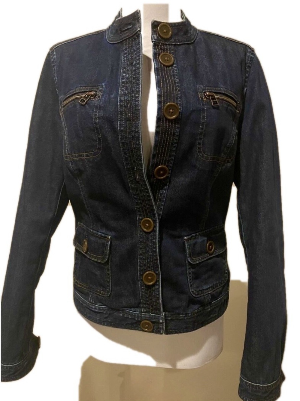 Boden Denim Jacket Moto Style Zip Pocket Floral Lining Sz US 6
